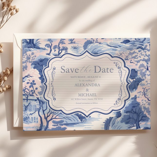 Save The Date Bleu Blanc Chinoiserie Floral Porcelaine Mariage (Créateur téléchargé)