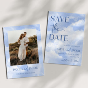 Save The Date Bleu Blanc Étincelle Nuages Rêveur Élégant Mariage