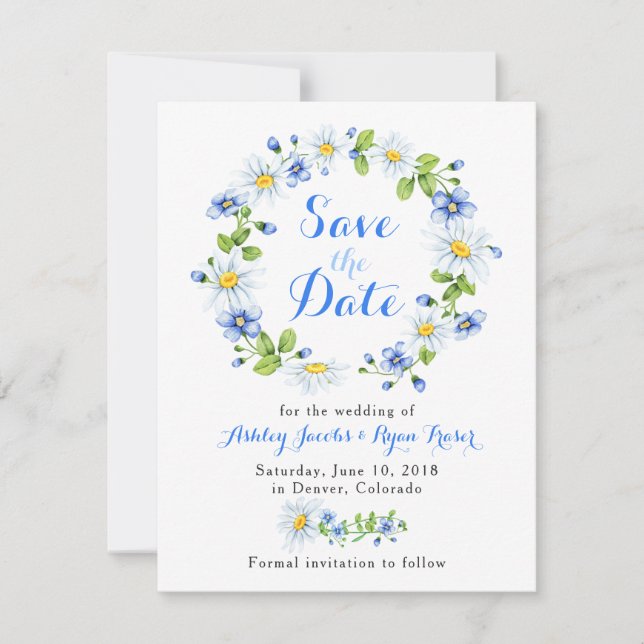 Save The Date Bleu Blanc Fête Mariage Floral Enregistrer la date (Devant)