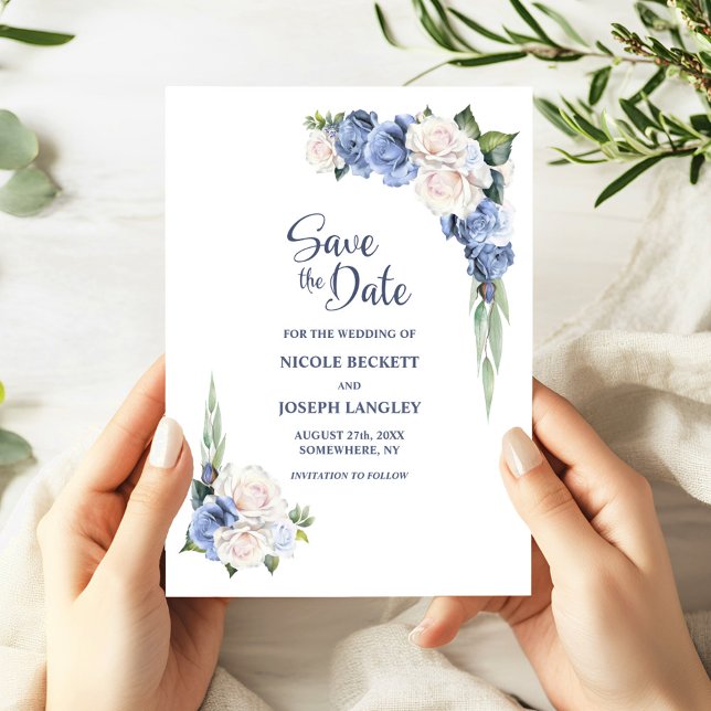 Save The Date Bleu Blanc Floral Mariage Enregistrer la date (Créateur téléchargé)
