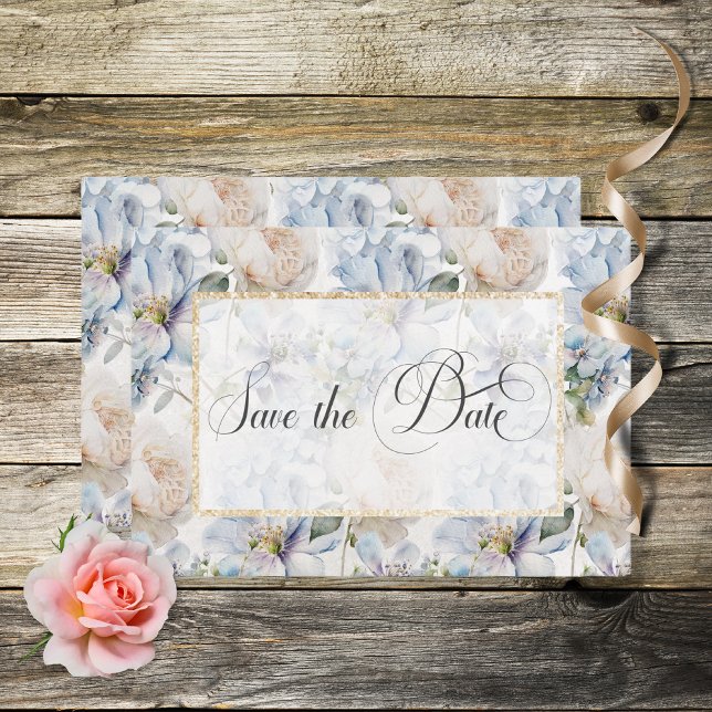 Save The Date Bleu & blanc Rustique Floral Gold Frame Blanc (Créateur téléchargé)