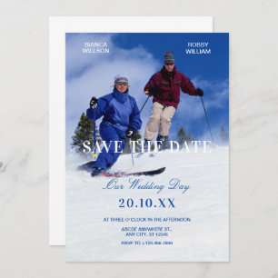 Save The Date Bleu blanc ski d'hiver photo mariage