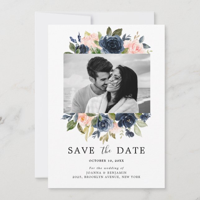 Save The Date Bleu bleu marine bleu floral Mariage Photo (Devant)