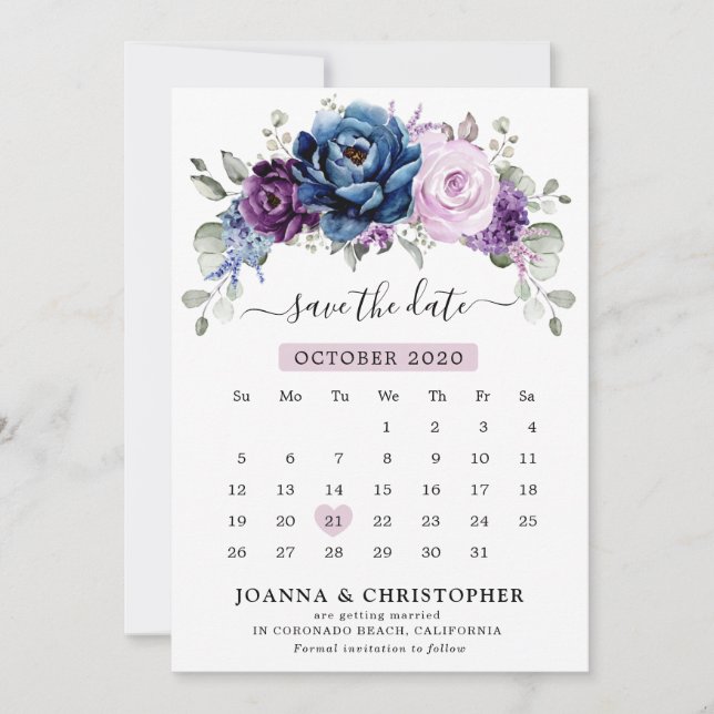 Save The Date Bleu bleu pourpre marine Lilac Blooms Calendrier (Devant)