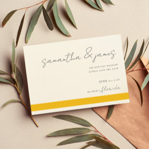 Save The Date Bleu Bright Yellow Stripes Script manuscrit