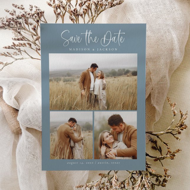 Save The Date Bleu Budget Simple Calligraphie Script Photo (Créateur téléchargé)