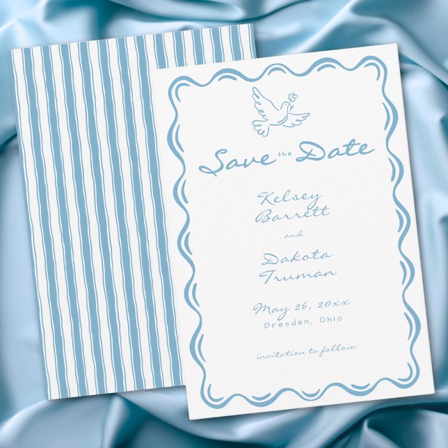 Save The Date Bleu Capricieux Fleur Rayée Dessinée à la Main pou (Whimsical Blue Hand Drawn Floral Stripe Wedding Save The Date)