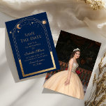 Save The Date Bleu Céleste Enregistrer La Date Anniversaire Quin<br><div class="desc">Bleu céleste Enregistrer la date Anniversaire Quinceanera Invitation présente un cadre de soleil doré, de lune et d'étoiles sur un arrière - plan bleu. À l'intérieur est votre Quinceanera personnalisée enregistrer les informations de date et au verso ajouter votre photo préférée. Personnalisez en modifiant le texte dans les zones de...</div>