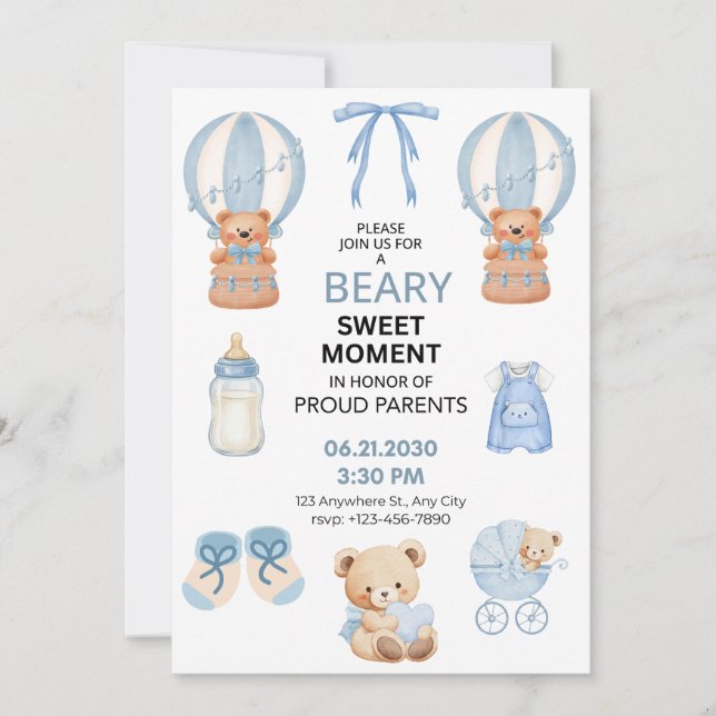 SAVE THE DATE BLEU CLAIR BLANC 5X7 OURS GARÇON BABY SHOWER (Devant)