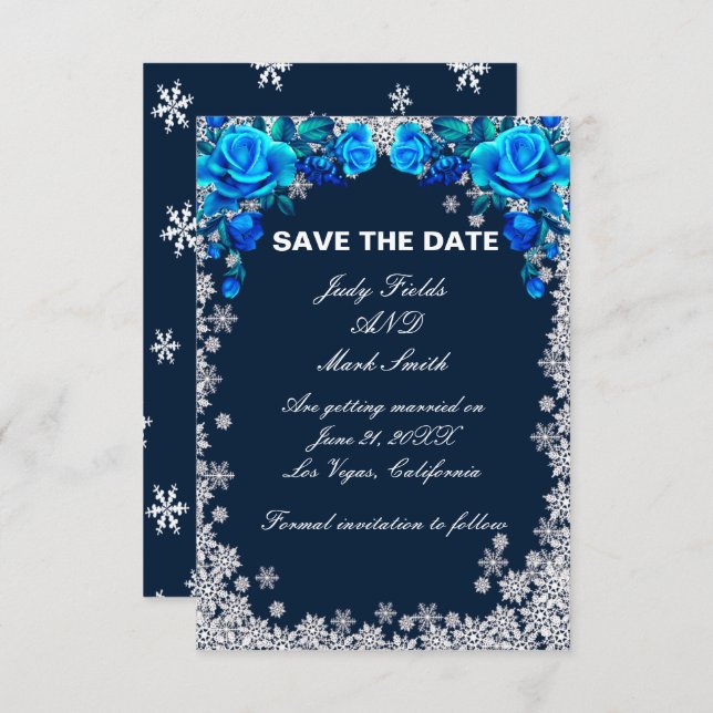 Save The Date Bleu Clair Rose Flocon de neige Noël Enregistrer l (Devant / Derrière)