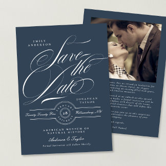 Save The Date Bleu de la marine classique Élégante Calligraphie
