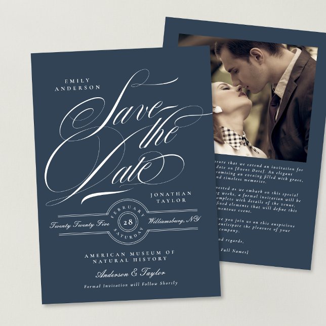 Save The Date Bleu de la marine classique Élégante Calligraphie (Créateur téléchargé)