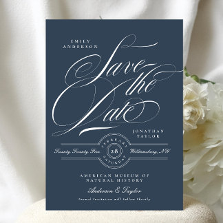 Save The Date Bleu de marine classique Élégante calligraphie non
