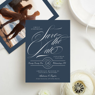 Save The Date Bleu de marine classique Élégante calligraphie Ret