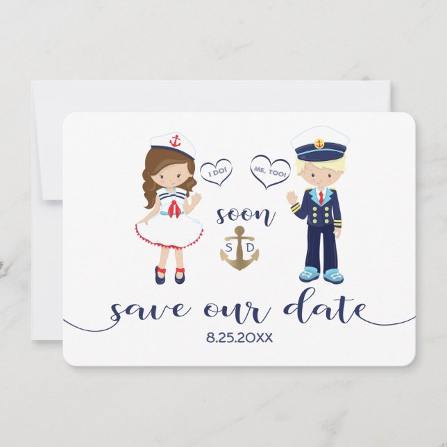 Save The Date Bleu de marine nautique Bleu Stripes Or Enregistre (Devant)