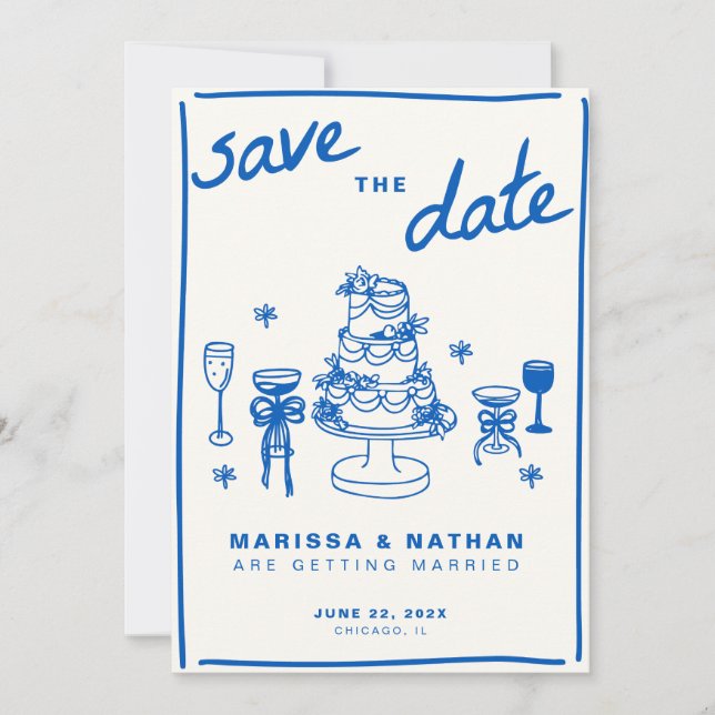 Save The Date Bleu dessiné ensemble Mariage avec photo (Devant)