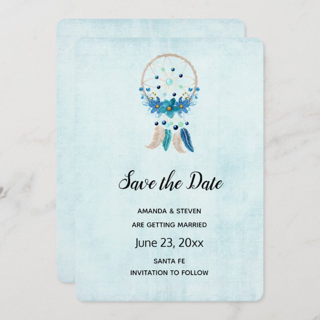 Save The Date Bleu Dreamcatcher avec Fleurs & Plumes (Devant / Derrière)