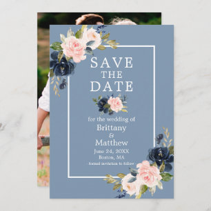Save The Date Bleu Dusty Blush Floral Photo Sauvez la date