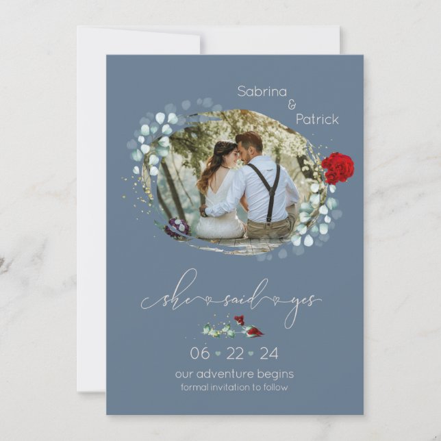 Save The Date Bleu Dusty Bourgogne Elle A Dit Oui Photo (Devant)