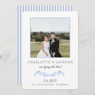 Save The Date Bleu Dusty Élégant Floral Classique Avec Photo