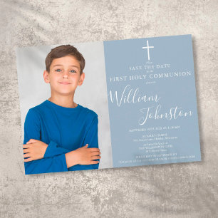 Save The Date Bleu Dusty Elegant Première Sainte Communion Photo