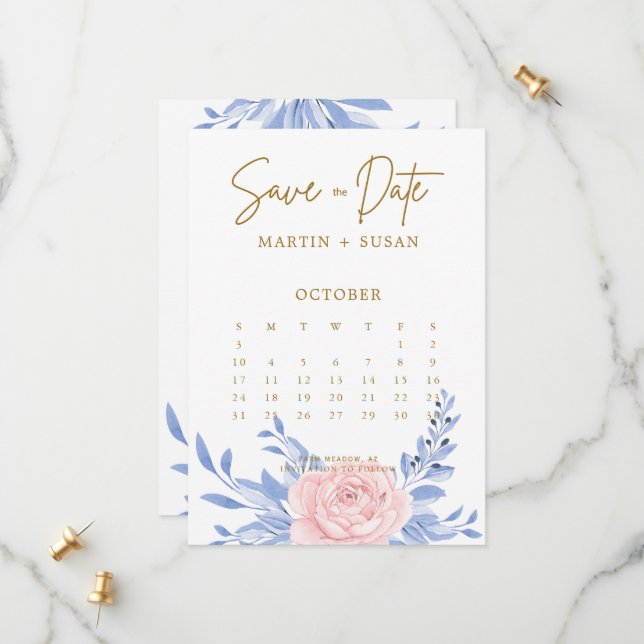 Save The Date Bleu Dusty Élégant rose Floral Rustique Mariage (Devant/Arrière en situation)