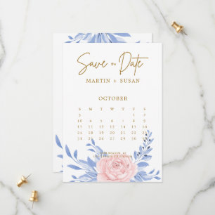 Save The Date Bleu Dusty Élégant rose Floral Rustique Mariage