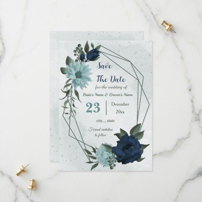 Save The Date Bleu Dusty fleurs botaniques (Devant/Arrière en situation)