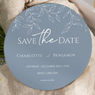Save The Date Bleu Dusty Minimal feuille Mariage rond