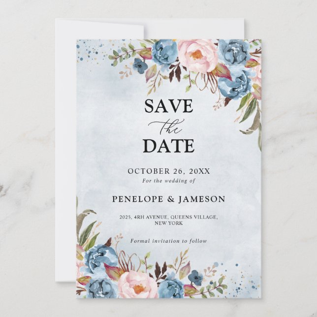 Save The Date Bleu Dusty Pêche Blush Botanique Floral Mariage Sa (Devant)