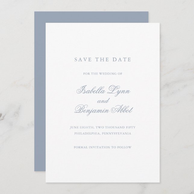 Save The Date Bleu Dusty Traditionnel Mariage Élégant (Devant / Derrière)