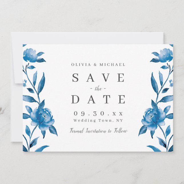 Save The Date Bleu et blanc aquarelle floral enregistrer la date (Devant)