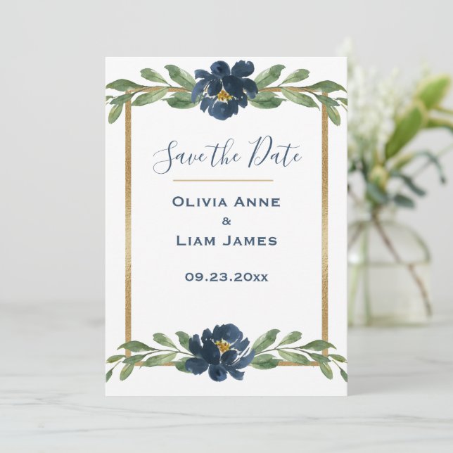 Save The Date Bleu et blanc Floral Élégant Script Mariage or (Debout devant)
