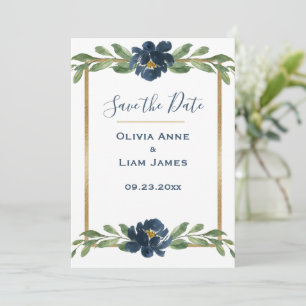 Save The Date Bleu et blanc Floral Élégant Script Mariage or