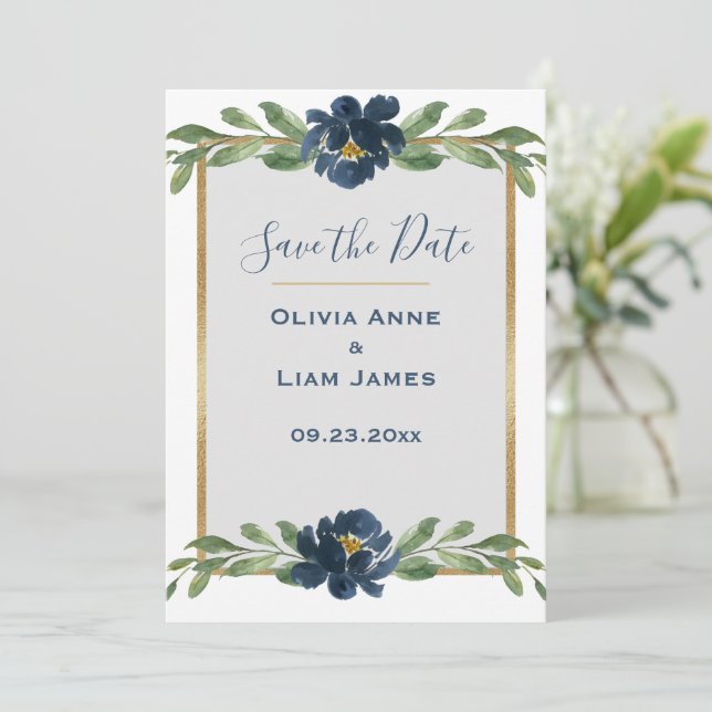 Save The Date Bleu et blanc Floral Élégant Script Mariage or (Debout devant)