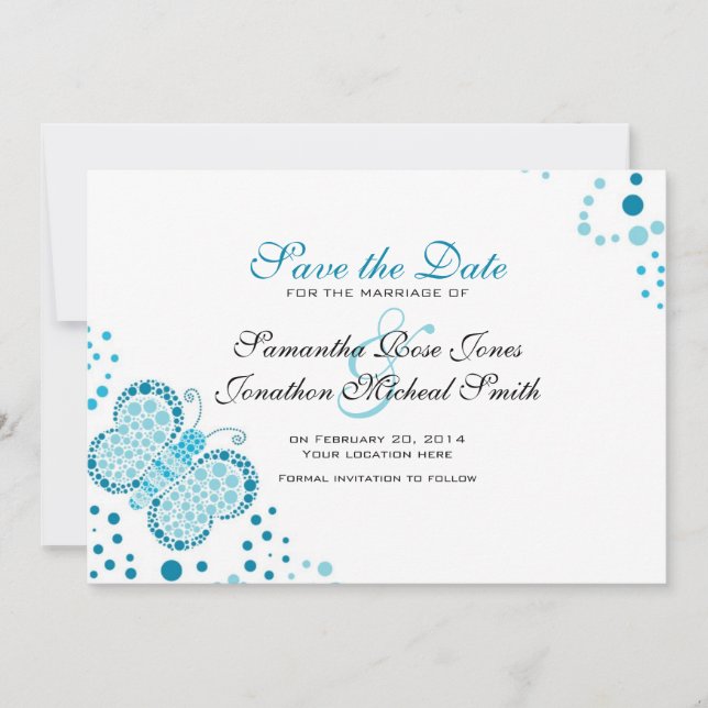Save The Date Bleu et blanc papillon Pointillisme Enregistrer la (Devant)