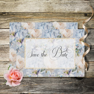 Save The Date Bleu et blanc Rustique Floral Gold Frame Mariage E