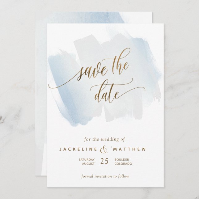 Save The Date Bleu et Gris Brush Strokes, Mariage minimal (Devant / Derrière)