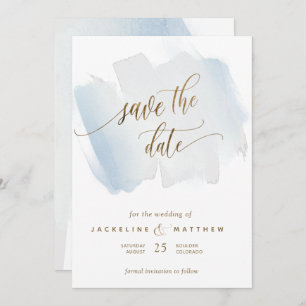 Save The Date Bleu et Gris Brush Strokes, Mariage minimal