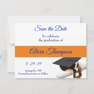 Save The Date Bleu et Orange Graduation Cap et Tassel