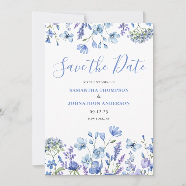 Save The Date Bleu Floral Élégant  (Devant)