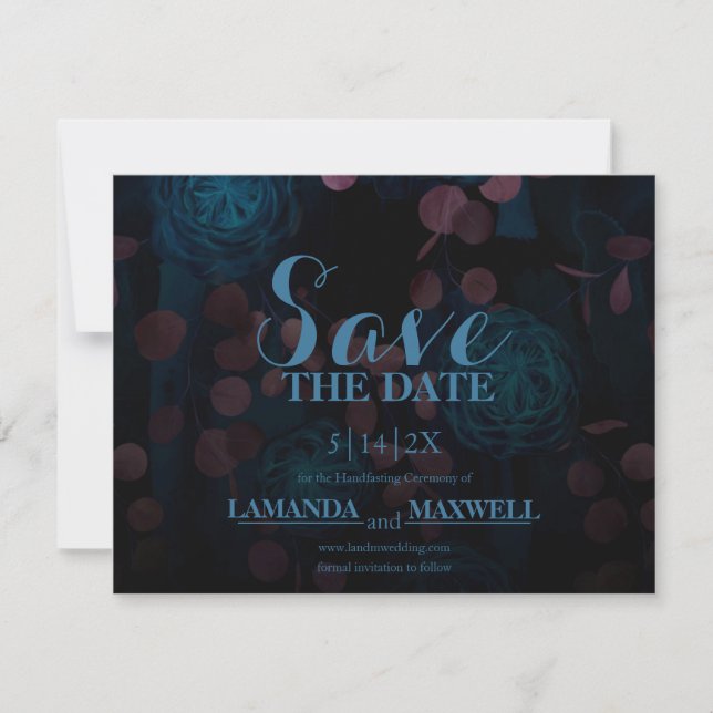 Save The Date Bleu Floral Noir Mariage gothique Enregistrer La D (Devant)