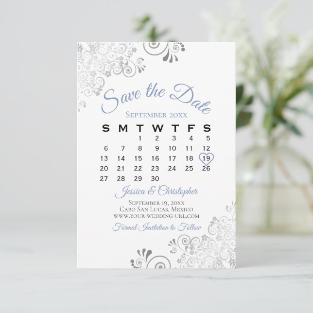 Save The Date Bleu gris et blanc Simple élégant calendrier de ma (Debout devant)