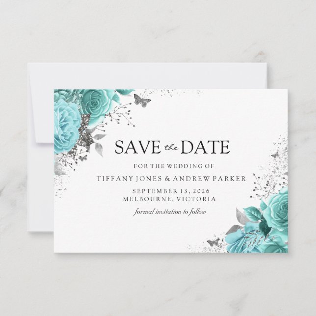 Save The Date Bleu Magique Turquoise Aqua Roses Floral Mariage (Devant)