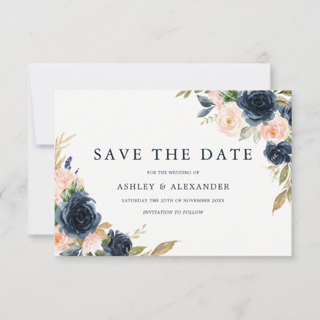 Save The Date Bleu magnifique et Mariage floral marine (Devant)