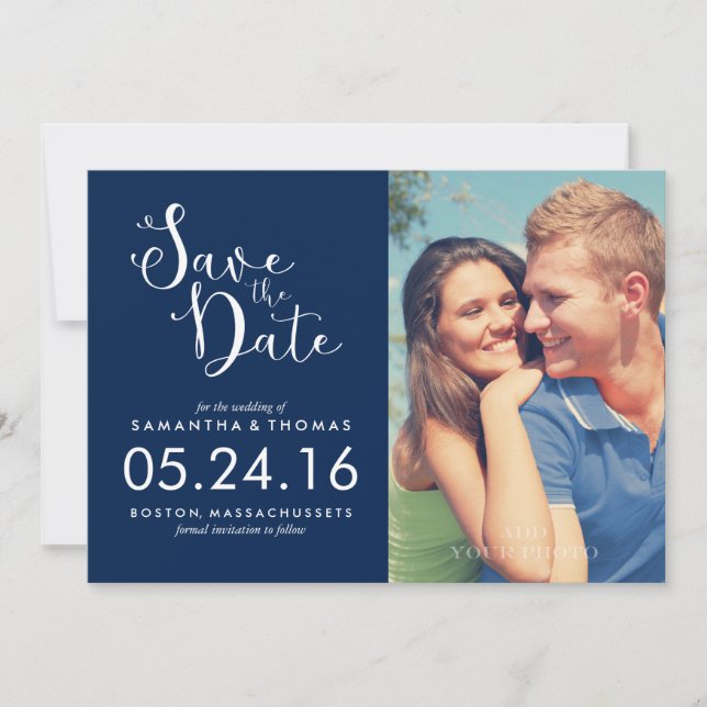 Save The Date Bleu marine Élégant Script Enregistrer la date (Devant)