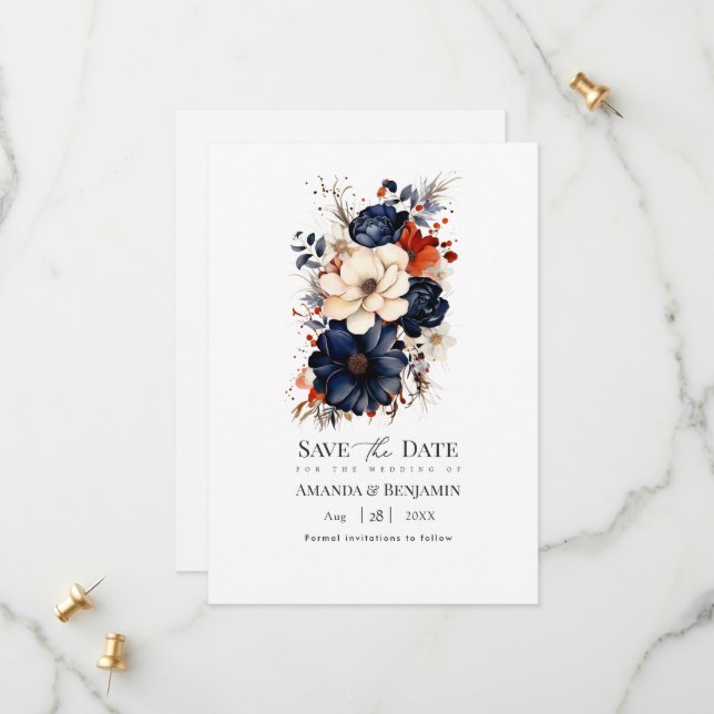Save The Date Bleu marine, orange brûlé et Mariage de fleurs de  (Devant/Arrière en situation)