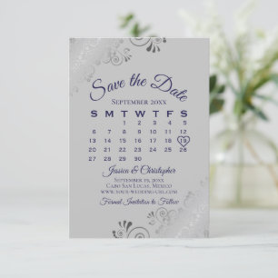 Save The Date Bleu marine sur boucles d'argent gris Calendrier M