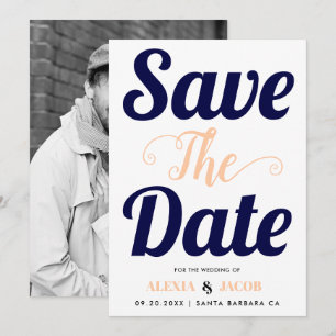 Save The Date bleu marine, typographie de pêche et photo à l'arr