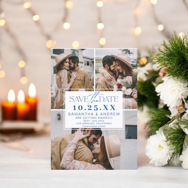 Save The Date bleu moderne enregistrer la date 3 photos collage  (Modern blue save the date 3 photos grid collage)